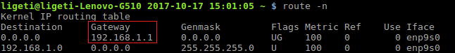 Using route command to get the gateway IP address.