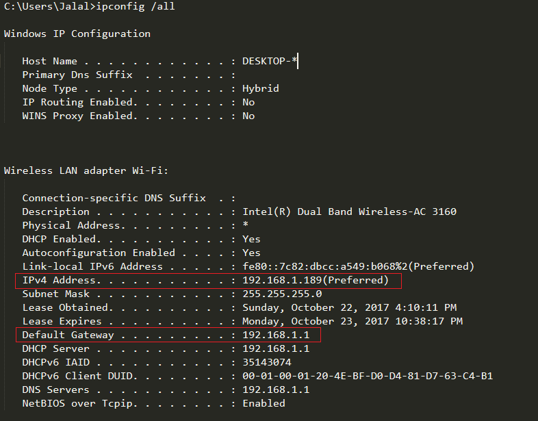 Using IPCONFIG command to get the machine address on Windows.