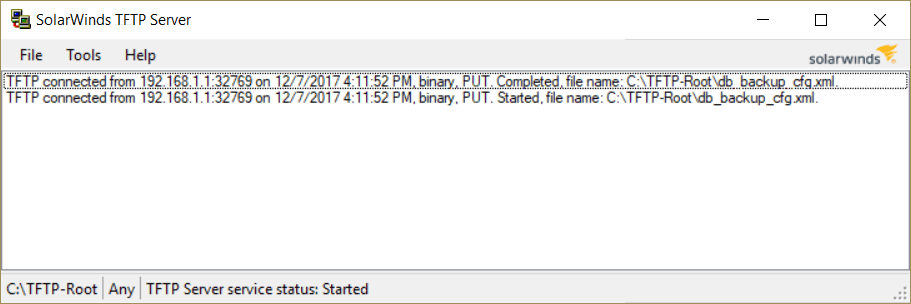 Server showing that the file was transported successfully